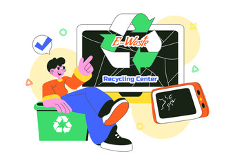 E-Waste Recycling Center Vector Illustration Featuring Electronic Waste Management and Proper Processing of Technological Rubbish In a Background