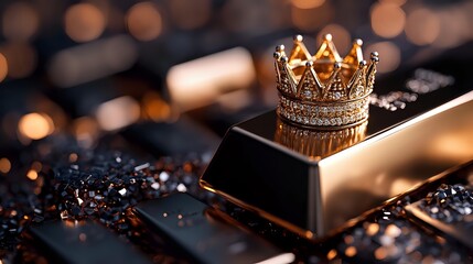 Golden crown on gold bar with luxurious bokeh background, symbolizing wealth and royal investment concept for financial success and prosperity.