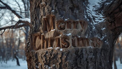 Rustic Winter Wishes: Carved Christmas Message in a Snow-Dusted Tree, Woodland Greetings: Hand-Carved Holiday Wishes Etched in a Winter Tree