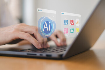 Close up of hands typing on laptop keyboard with artificial intelligence icons overlay, representing AI technology, innovation, data processing digital transformation in modern workspace.