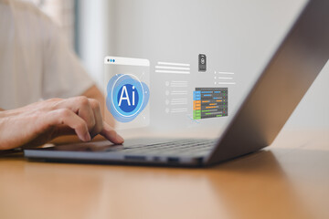 Close up of hands typing on laptop keyboard with artificial intelligence icons overlay, representing AI technology, innovation, data processing digital transformation in modern workspace.