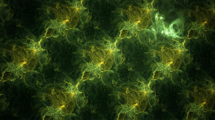 Obraz premium Radiant green fractal leaf pattern with glowing center and star shapes. 
