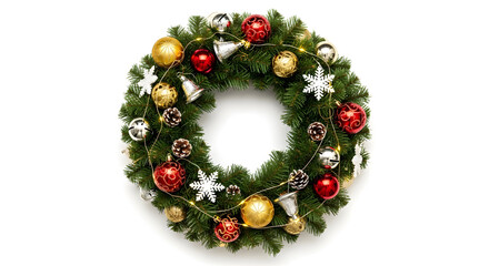 Elegant Christmas wreath with vibrant ornaments, pine cones, and delicate fairy lights creates a warm, festive holiday mood for your seasonal celebrations on isolated white background.