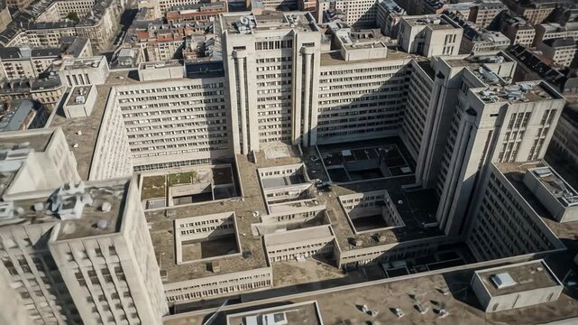 Aerial view of a city center complex of light-colored high-rise buildings