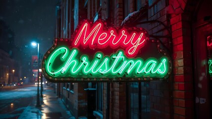 Vibrant Merry Christmas Neon Sign Against a Snowy Urban Backdrop, Festive Glow of Christmas Season in the City at Night