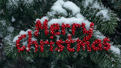 Festive 'Merry Christmas' Message Formed by Red Berries on Snow-Dusted Evergreen Branch, Winter Holiday Greeting Concept with Natural Elements