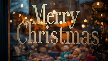 Cozy Christmas Window Display with Festive Greetings and Soft Lights, Warm Christmas Ambiance: A Window Display Filled with Toys and Golden Letters