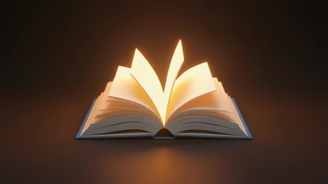 Glowing book with open pages illuminated against dark background
