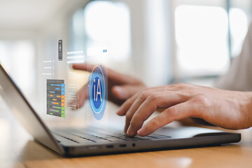 Close up of hands typing on laptop keyboard with artificial intelligence icons overlay, representing AI technology, innovation, data processing digital transformation in modern workspace.