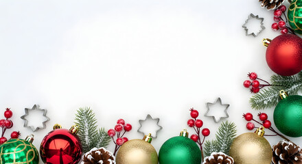 Festive Christmas ornaments and pinecones scattered on snowy backdrop create a whimsical winter wonderland scene, perfect for holiday cheer and seasonal greetings.