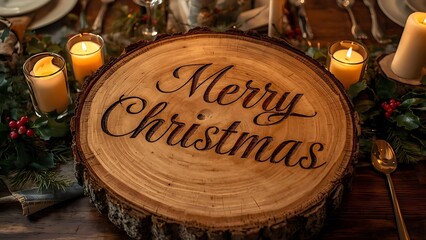 Festive Table Decor with Wooden 'Merry Christmas' Centerpiece, Holiday Dining Setting with Candles and Greenery