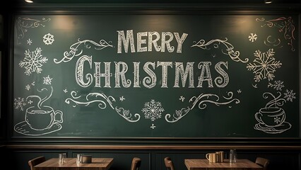 Cozy Christmas Cafe Ambiance with Chalkboard Art, Festive Coffee Shop Scene with Christmas Greetings and Hot Beverages
