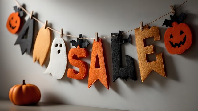 Festive Halloween sale banner with orange and white felt decorations including pumpkins, ghosts, and bats hanging on string against neutral wall. - Powered by Adobe