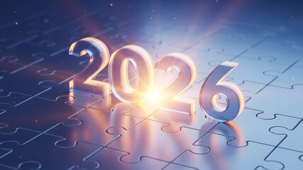 A bright 2026 number on a complex blue puzzle, a clean background for a financial forecast, a market outlook report or a business investment strategy