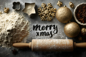 Christmas or New Year composition with ingredients for baking or cookies, with golden snowflakes, Christmas balls, on gray background, with inscription merry xmas, frame, top view