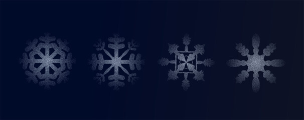Snowflake white grain noise gradient. Winter grainy gradation frost crystal elements set. Xmas gritty symbols. Vector stipplism halftone frozen shapes illustration on transparent background.