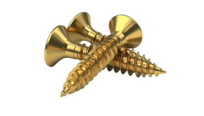 Three golden screws are stacked, overlapping, on a black background