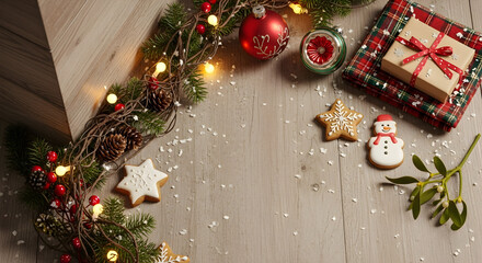 Create stunning holiday promotions with this rustic wooden background framed by festive Christmas decorations and soft string lights for a cozy winter vibe.