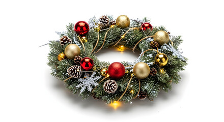 Elegant Christmas wreath with vibrant ornaments, pine cones, and delicate fairy lights creates a warm, festive holiday mood for your seasonal celebrations on isolated white background.