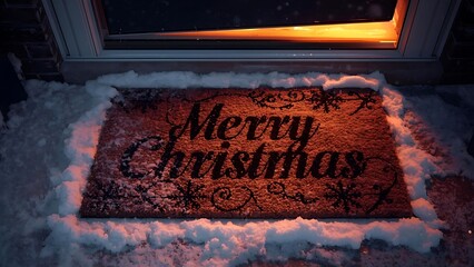 A Christmas Welcome: Warm Light on a Snowy Doormat,Greeting Holiday Cheer in a Winter Wonderland ,  Illuminated Holiday Welcome: Snowy Doormat, Festive Cheer
