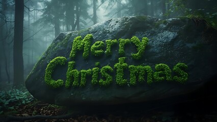 Mossy 'Merry Christmas' Carved on a Forest Stone, Festive Greetings in Nature's Embrace