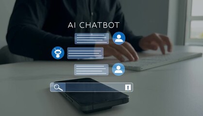 Online support Chatbot conversation. Virtual assistant, artificial intelligence Bot and CRM software automation technology.Chatbot with AI.Customer person using chat service to get support.	
