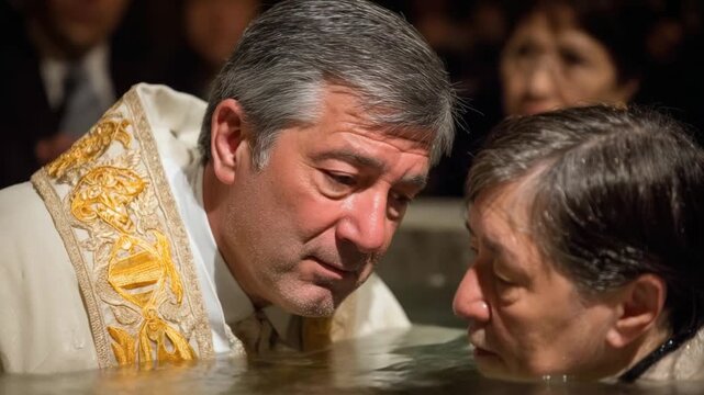 A priest performs a baptism, partially submerged in water, looking at the person being baptized