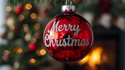 Festive Christmas Ornament with Glittering Merry Christmas Inscription, Holiday Ornament with Cozy Fireplace Reflections