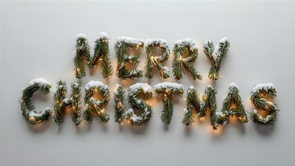 Merry Christmas Holiday Greeting with Snowy Evergreen Letters, Festive Christmas Message in Pine Tree Lettering
