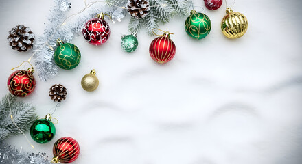 Festive Christmas ornaments and pinecones scattered on snowy backdrop create a whimsical winter wonderland scene, perfect for holiday cheer and seasonal greetings.