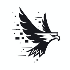 Isolated of Eagle in Flight with Abstract Data Pixel Trail on White