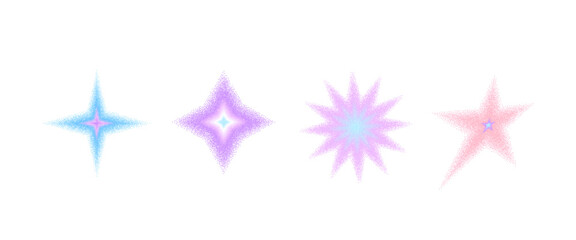 Gradient grain y2k starburst pastel colors figures. Twinkles halftone grainy shapes purple, pink set. Vector bling, blink sparkles graphic figures icons isolated on white background. Star y2k element. © Syuzann q
