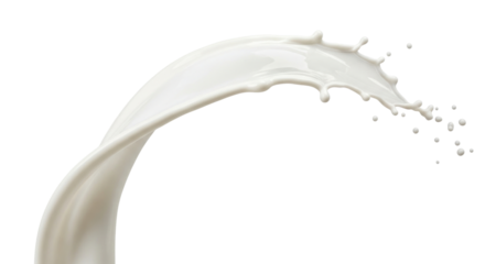 Dynamic white milk splash frozen in motion creating an elegant arc against a stark black background isolated on transparent background