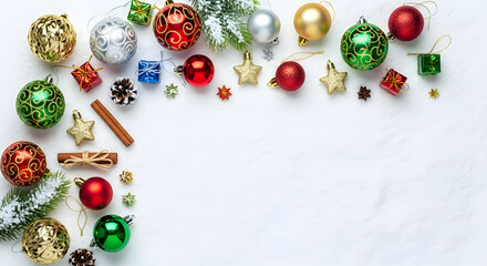 Festive Christmas ornaments and pinecones scattered on snowy backdrop create a whimsical winter wonderland scene, perfect for holiday cheer and seasonal greetings.