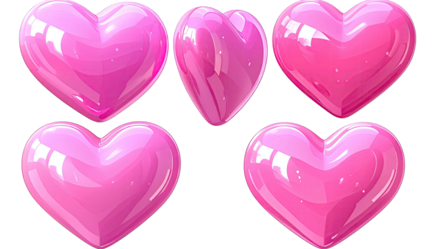 Five pink, shiny, three-dimensional heart shapes, isolated