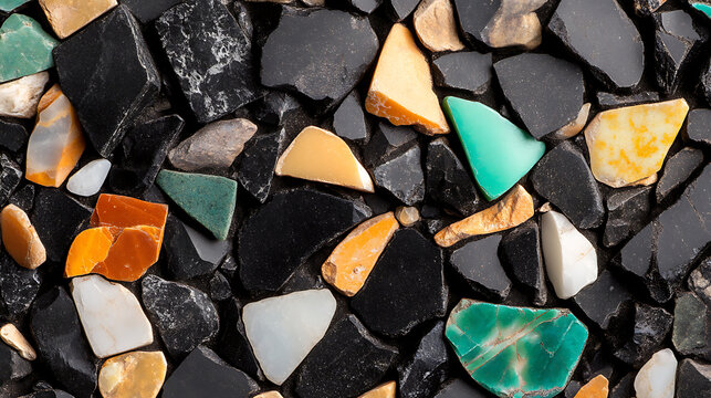 Mosaic marvel: A vibrant composition of assorted stone pieces, each a unique shape and hue, set against a backdrop of dark rocks. Nature's own abstract art piece.