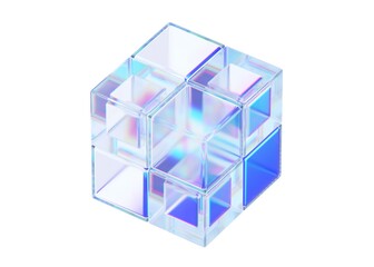 Abstract iridescent glass cube, geometric design, 3d render