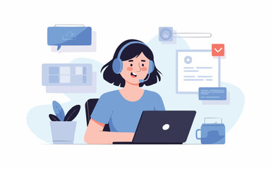 Friendly customer service representative with headset assisting clients online, perfect for illustrating tech support and virtual communication in your project