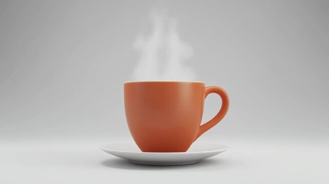Orange Coffee Cup with Steam on White Saucer and Gray Background Studio Shot