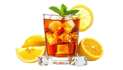 Iced tea glass with lemon and mint, cool refreshment