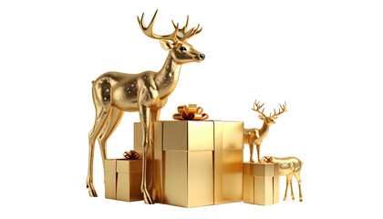 Golden deer figurines stand amongst wrapped golden gifts