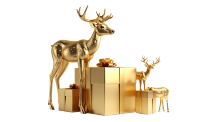 Golden deer figurines stand amongst wrapped golden gifts