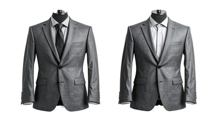 Two gray suits displayed on mannequins against a black background