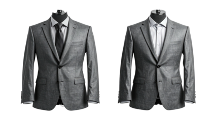 Two gray suits displayed on mannequins against a black background