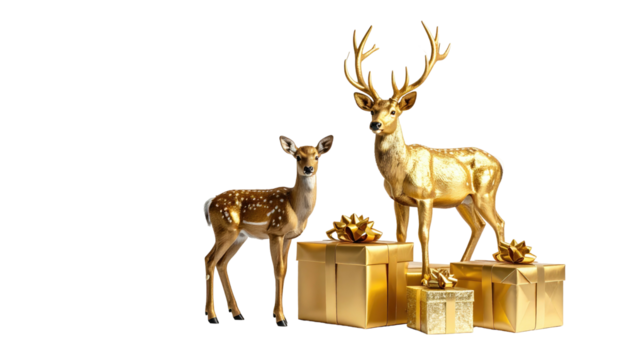 Gold deer couple with gifts on black background - Powered by Adobe