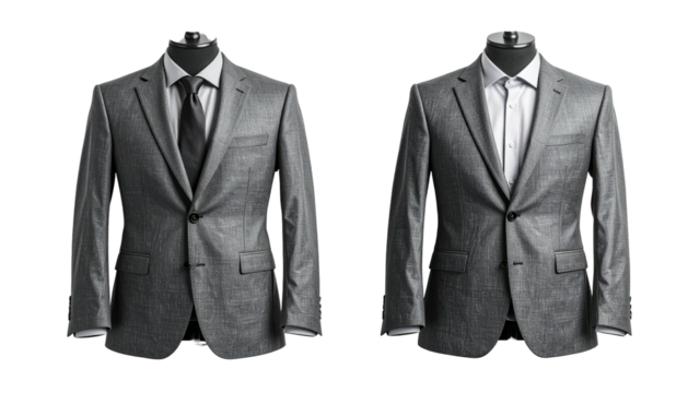 Two gray suits displayed on mannequins against a black background