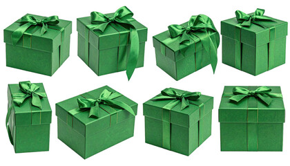 Eight green gifts adorned with satin ribbon bows on black background