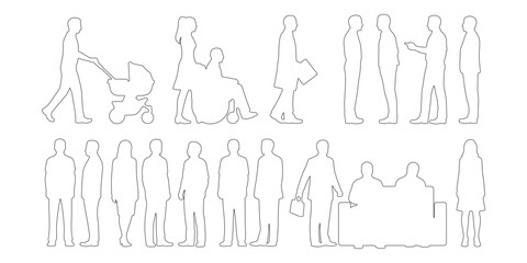 CAD Drawings. Side and front views of diverse people outline in different activities such as walking, standing, and sitting isolated on white background. Vector illustration.