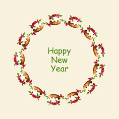Simple round frame for Christmas. Watercolor illustration of Christmas pudding with white glaze, with viburnum berries. Round vector design with soft colors, perfect for winter decorations, banners