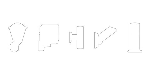 CAD Drawings. Side views of diverse outdoor illumination fixtures outline including garden lamps, floodlights, wall-mounted lights, bollards isolated on white background. Vector illustration.